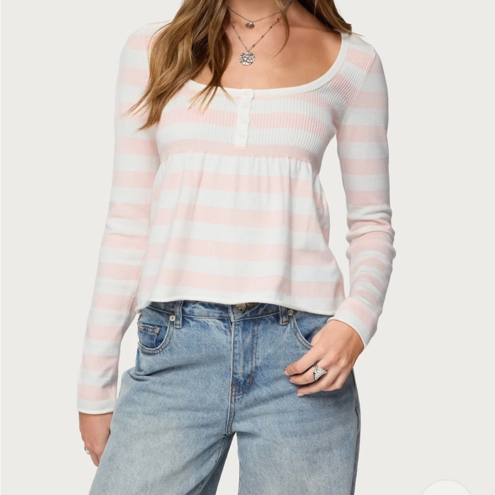 Edikted Pink and White Striped Long Sleeve Top